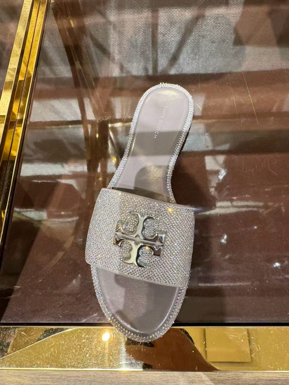 Tory Burch Everly Silver Crystal Logo Slide